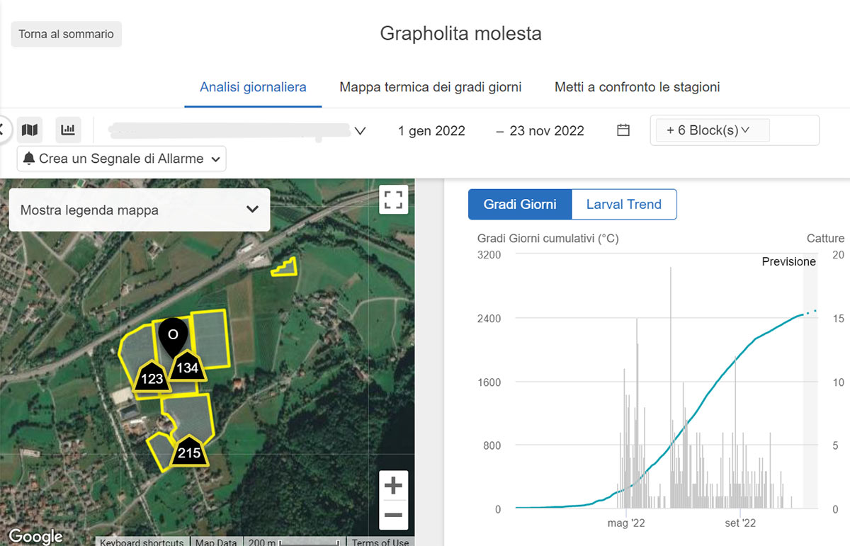 Piattaforma con focus sulle trappole di Cydia (o Grapholita) molesta e sulla destra della mappa il grafico dell'andamento dei voli con modello dei gradi giorno accumulati.
